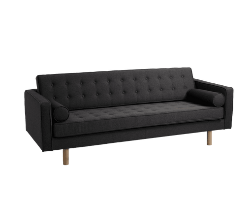 Divano letto moderno in tessuto nero con struttura in legno naturale, cuscini imbottiti e design elegante, ideale per salotti e camere