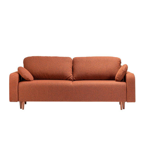 Divano letto TRANGO 3 posti in tessuto arancione con cuscini rotondi coordinati, stile minimalista, gambe in legno, ideale per soggiorno moderno