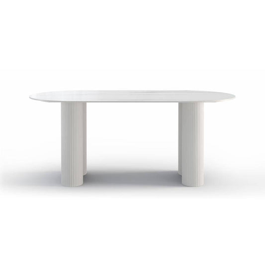 Tavolo da pranzo ovale effetto marmo bianco con base in MDF bianco, design elegante e resistente, dimensioni 180x90 cm, SKU: NN-POE-FUR-DINTAB-OFFWHI-146