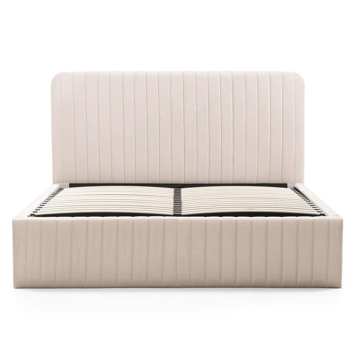 Letto imbottito 160x200 cm ANDRE, velluto beige, con contenitore