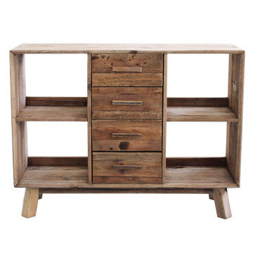 Credenza con 4 cassetti e 4 ripiani in legno di pino riciclato