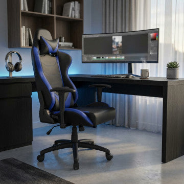 Poltrona da gaming in poliuretano blu e nero, regolabile 121-129 cm