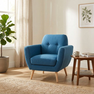 Poltrona in tessuto blu con bottoni, gambe in polipropilene 84x79x86 cm