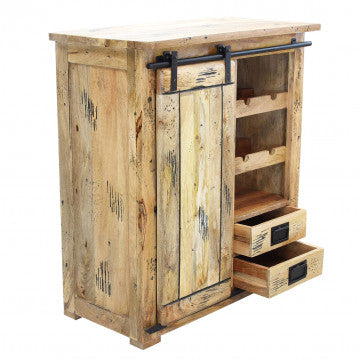 Cantinetta in legno di mango con anta scorrevole, ripiani e porta bottiglie