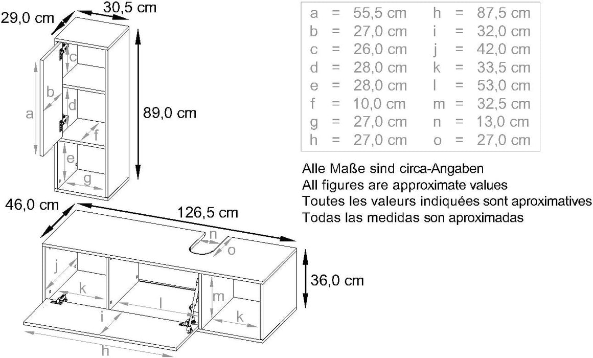 Set bagno Vladon La Costa: struttura bianco opaco, frontali marmo grafite, con lavabo e specchio LED.