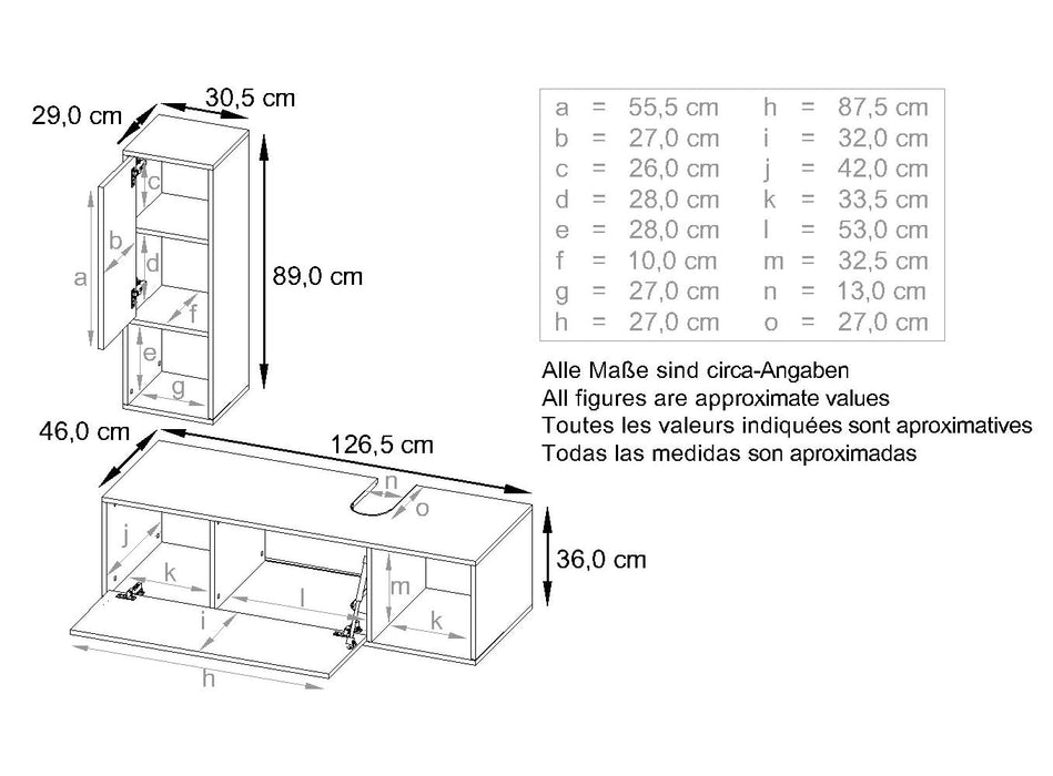 Set bagno Vladon La Costa: struttura bianco opaco, frontali marmo grafite, con lavabo e specchio LED.