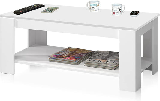 Tavolinetto Bianco Artik con ripiano inferiore per riviste e superficie liscia. Perfetto per arredi moderni e minimalisti.