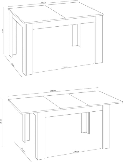 Disegno tecnico del tavolo allungabile bianco lucido 90x140/190 cm. Dimensioni dettagliate con prolunga centrale da 50 cm.
