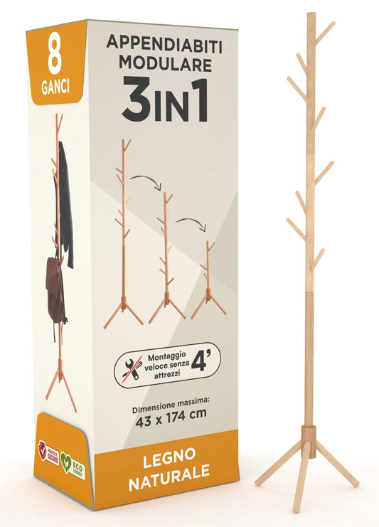 Appendiabiti in legno naturale, 8 ganci, modulare, 174 cm con confezione illustrata e montaggio rapido senza attrezzi. Ideale per casa e ufficio.