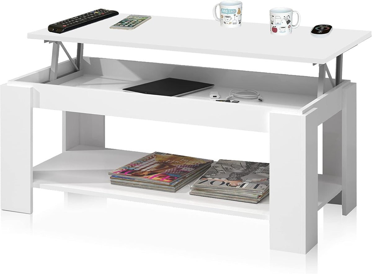 Tavolinetto apribile Bianco Artik con vano interno, ripiano portariviste e design moderno. Ideale per soggiorni eleganti e funzionali.