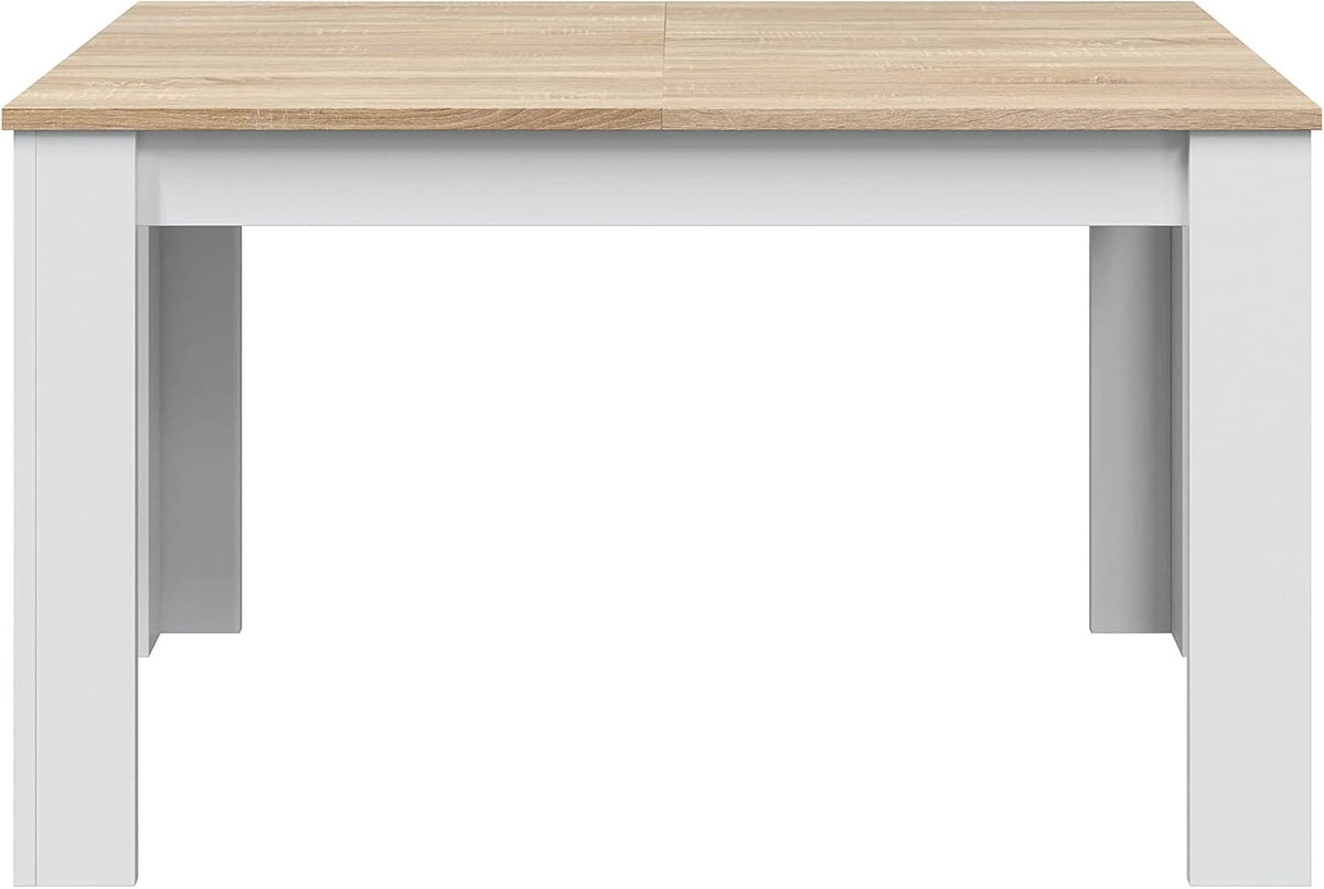 Vista frontale del tavolo allungabile bianco lucido 90x140/190 cm. Piano in rovere Canadian e struttura bianca robusta.