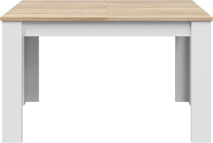 Vista frontale del tavolo allungabile bianco lucido 90x140/190 cm. Piano in rovere Canadian e struttura bianca robusta.
