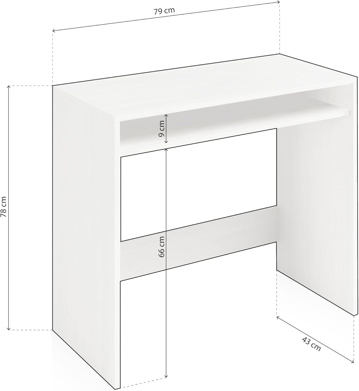 Scrittoio bianco Alpes con dimensioni 79x43x79 cm e ripiano aggiuntivo. Ideale per piccoli spazi e uso come porta PC.