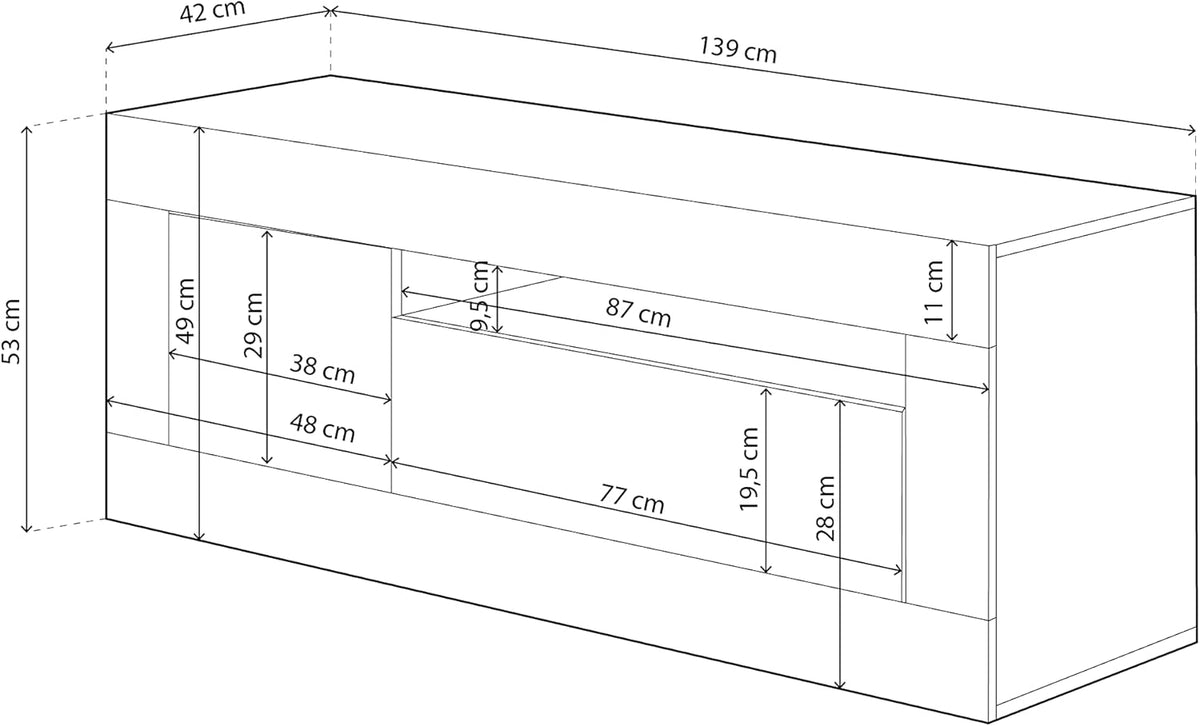Schema tecnico del Mobile TV bianco Baltik con misure dettagliate: 139x42x53 cm e spazi interni.