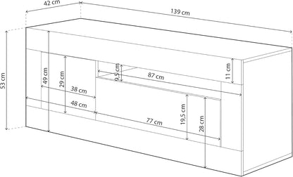 Schema tecnico del Mobile TV bianco Baltik con misure dettagliate: 139x42x53 cm e spazi interni.