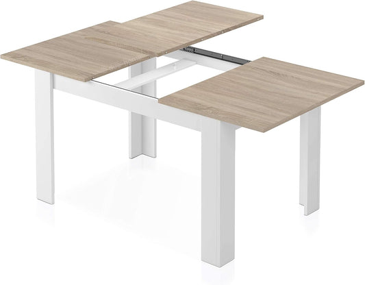 Tavolo allungabile bianco lucido 90x140/190 cm con prolunga centrale da 50 cm. Piano in rovere Canadian e struttura bianca moderna.
