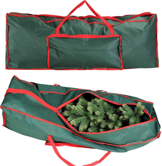 Custodia verde per albero di Natale in poliestere con manici rossi, dimensioni 125x30x50 cm, ideale per trasporto e conservazione