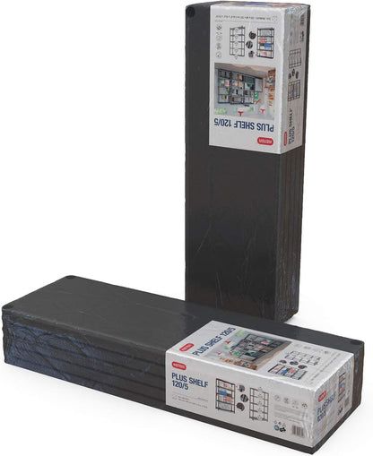 Imballaggio dello scaffale in resina PLUS 120x40x187H, confezione compatta con dettagli del prodotto visibili.