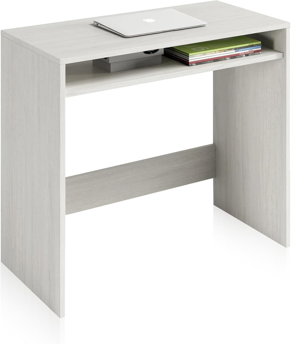 Scrittoio bianco Alpes 79x43x79 cm con ripiani moderni, ideale per spazi ridotti. Design compatto e funzionale per studio o cameretta.