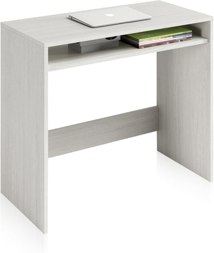 Scrittoio bianco Alpes 79x43x79 cm con ripiani moderni, ideale per spazi ridotti. Design compatto e funzionale per studio o cameretta.