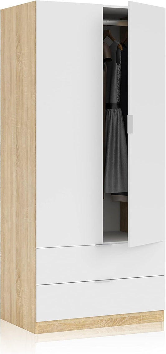 Armadio 2 ante e 2 cassetti bianco artik e rovere Canadian con abiti appesi all'interno, dimensioni 81x52x180h.