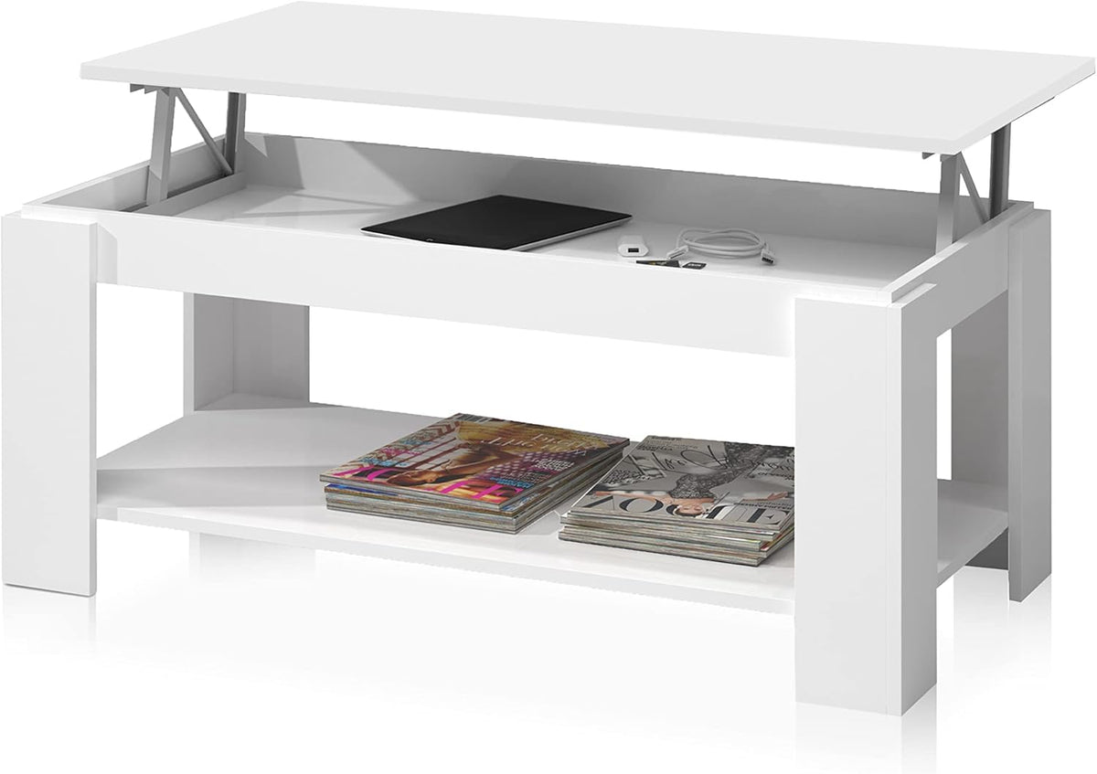 Tavolinetto apribile Bianco Artik con vano interno per oggetti e ripiano portariviste. Design pratico e contemporaneo.