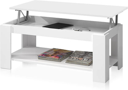 Tavolinetto apribile Bianco Artik con vano interno per oggetti e ripiano portariviste. Design pratico e contemporaneo.