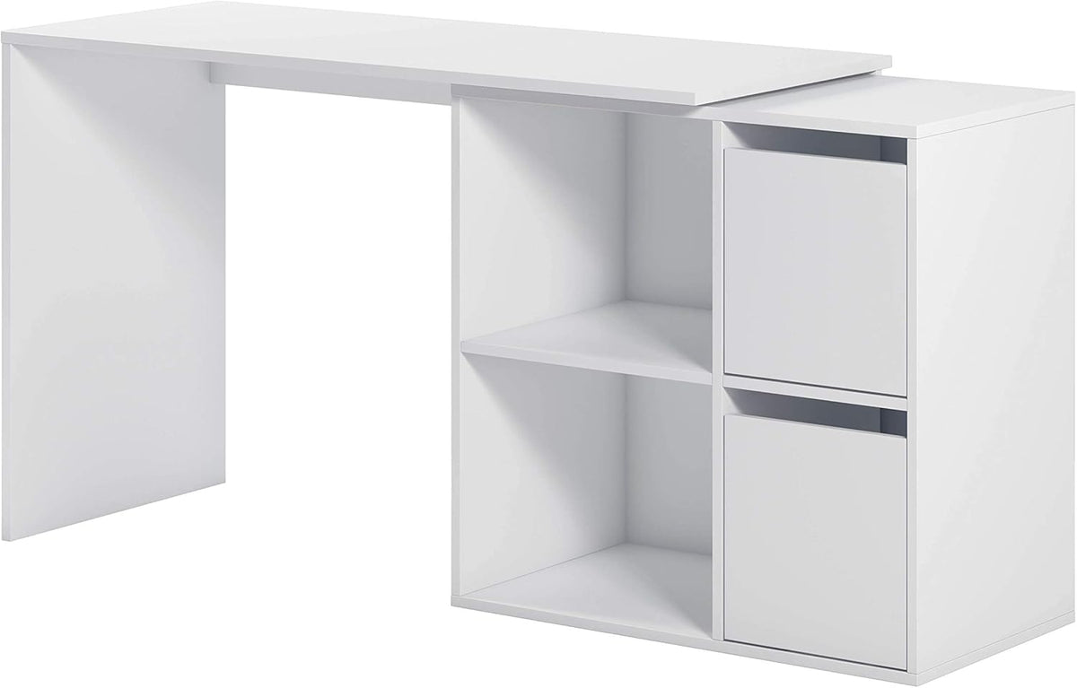 Scrittoio bianco opaco con struttura reversibile e vani portaoggetti. Design moderno e pratico per ambienti di lavoro o studio.