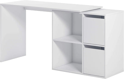 Scrittoio bianco opaco con struttura reversibile e vani portaoggetti. Design moderno e pratico per ambienti di lavoro o studio.