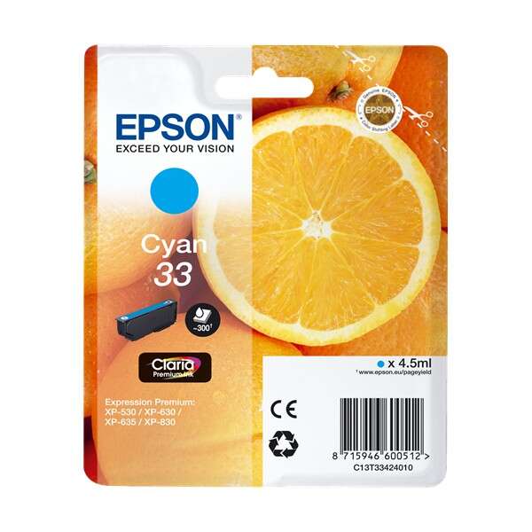 Epson T3342 (33) Ciano Cartuccia d'Inchiostro Originale - C13T33424012