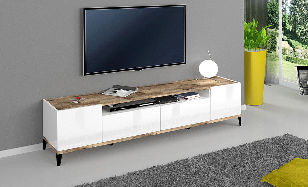 Porta TV SUNRISE 200 cm - Bianco/acero, con 2 vani e 2 cassetti