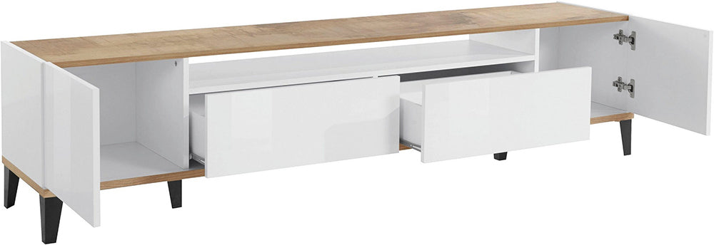Porta TV SUNRISE 200 cm - Bianco/acero, con 2 vani e 2 cassetti