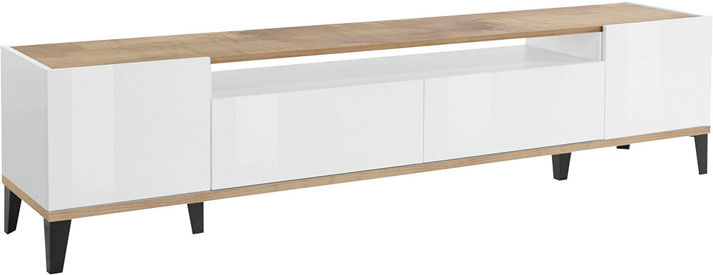 Porta TV SUNRISE 200 cm - Bianco/acero, con 2 vani e 2 cassetti