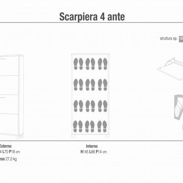 Scarpiera 4 ante MDF 70x18x154 cm, struttura in legno composito