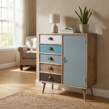 Mobiletto con struttura MDF, gambe legno pino, top naturale, 1 anta e 5 cassetti