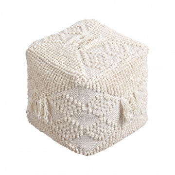Pouf quadrato in cotone e lana, 40x40x40 cm, colore bianco avorio