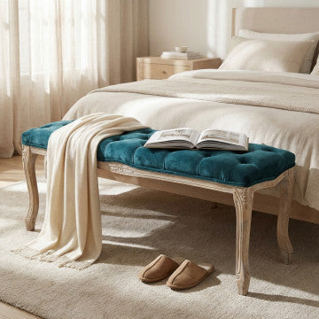 Panca in legno e velluto blu, dimensioni 110x36x47 cm, peso 5,5 kg