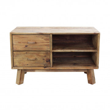 Mobile con 2 ripiani e 2 cassetti in legno di pino riciclato 90x40x55 cm