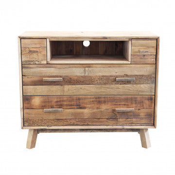 Cassettiera 4 cassetti 1 ripiano legno pino riciclato 110x48x92cm