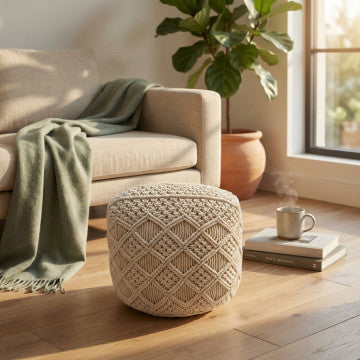Pouf Tripoli in cotone bianco, struttura compatta e leggera