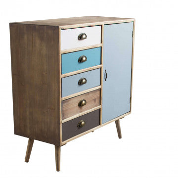 Mobiletto con struttura MDF, gambe legno pino, top naturale, 1 anta e 5 cassetti