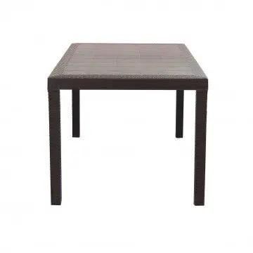 Vista laterale del Tavolo Rettangolare Houston marrone con struttura in plastica stile wicker, 150x90 cm.