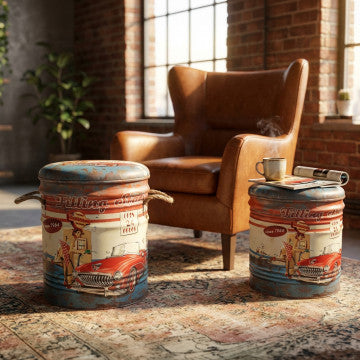 Set di 2 pouf contenitori tondi in MDF e PVC con coperchio imbottito
