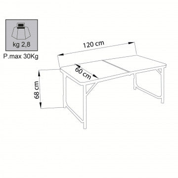Diagramma tecnica di un tavolo pieghevole rettangolare in MDF e alluminio bianco, dimensioni 120x60 cm, altezza 68 cm, peso massimo 30 kg