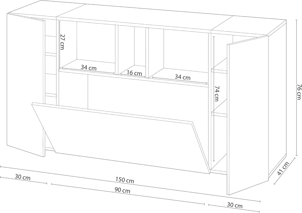 Schema tecnico della credenza moderna Royla bianca e cemento con misure dettagliate, 150 cm di lunghezza e spazi ottimizzati.