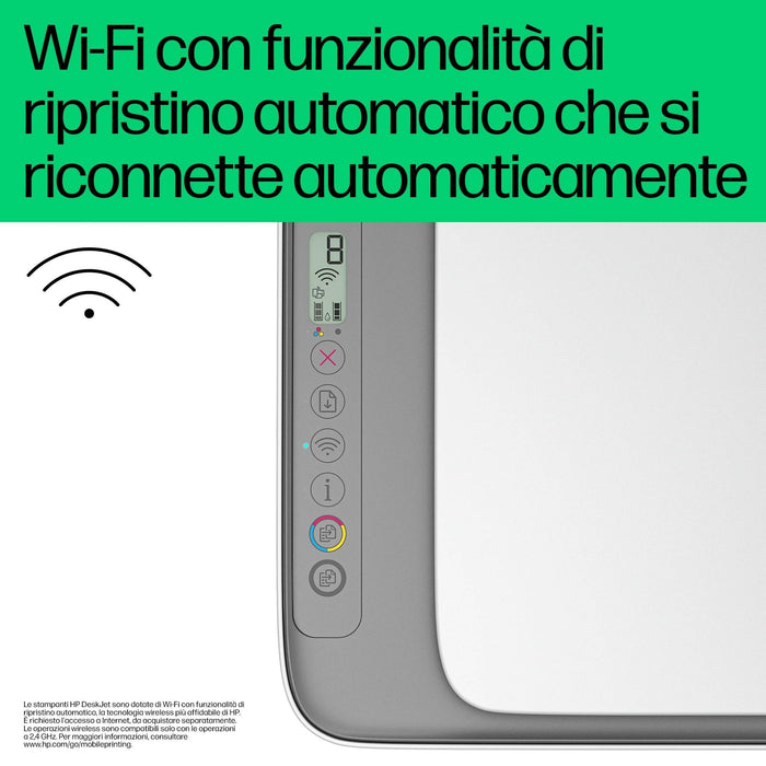 Dettaglio del pannello di controllo della HP DeskJet 2820e con Wi-Fi e funzionalità di ripristino automatico della connessione.