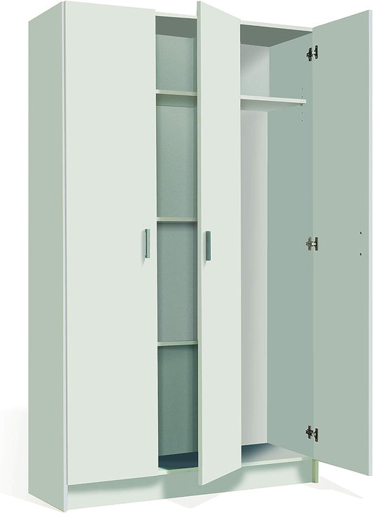 Armadio multiuso a 3 ante in melaminico bianco con ripiani interni e barra appendiabiti. Design salvaspazio ideale per ripostiglio o lavanderia.