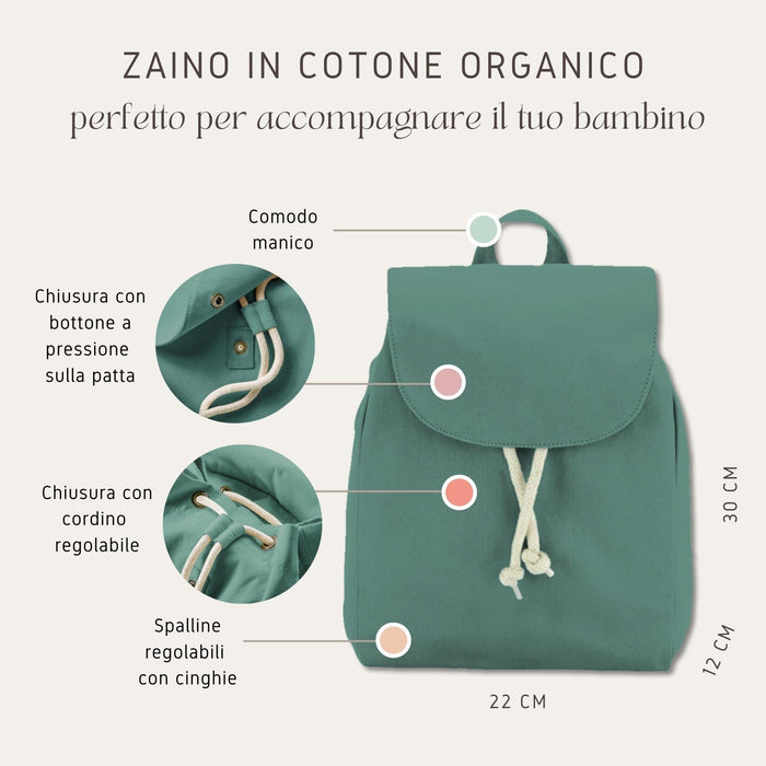 Zaino MAYRA per asilo e sport: in cotone organico, personalizzabile con nome e disegni animali, blu. Ideale come regalo.