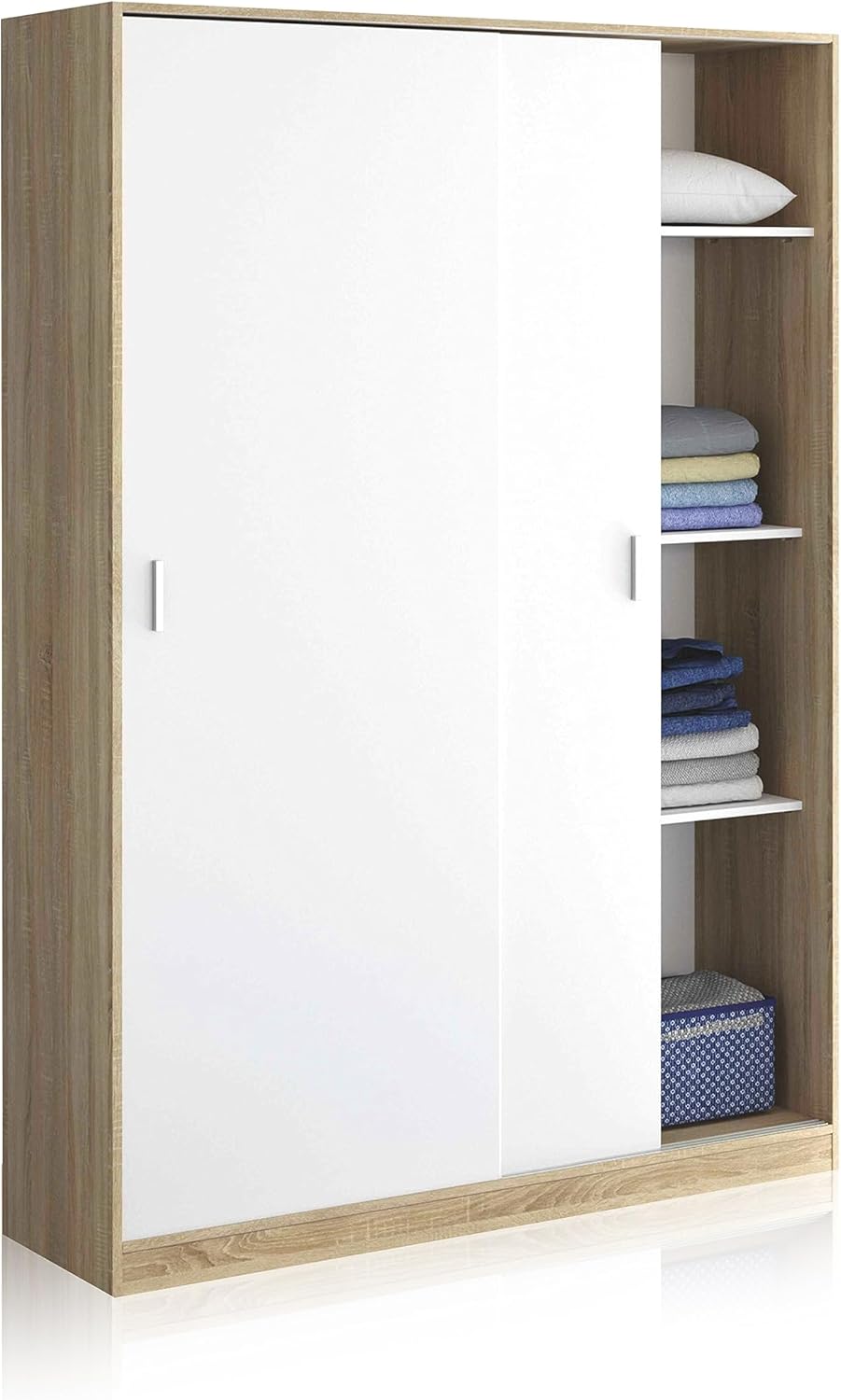 Armadio bianco 2 ante scorrevoli 120x50x200 con ripiani laterali a vista, design elegante e pratico per camere moderne.