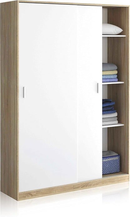 Armadio bianco 2 ante scorrevoli 120x50x200 con ripiani laterali a vista, design elegante e pratico per camere moderne.